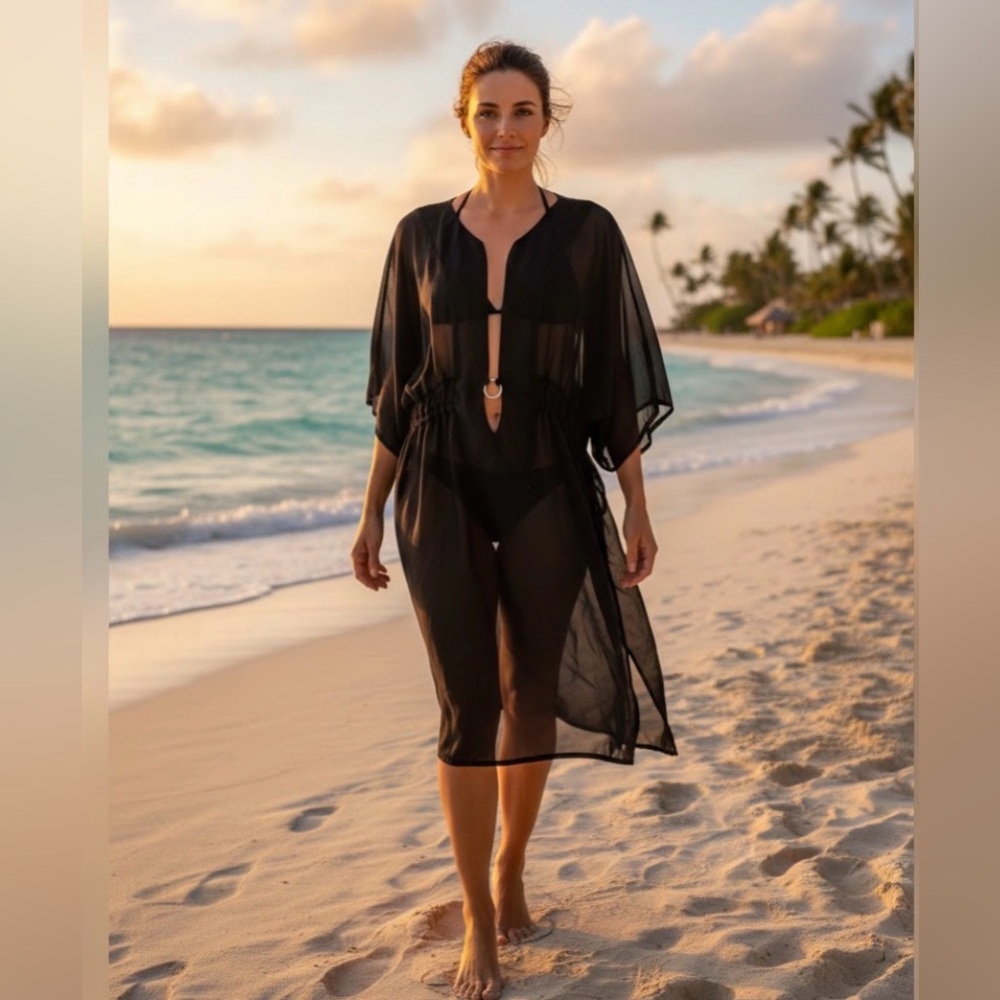 EUC ATTENTION SWIMMING COVER UP BLACK SHEER WITH SILVER embellishment front